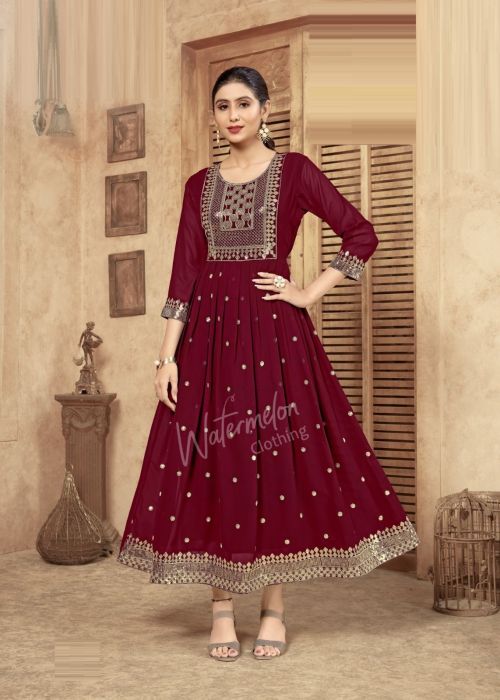 Watermelon Madhuri Embroidery Long Anarkali Kurti Collection