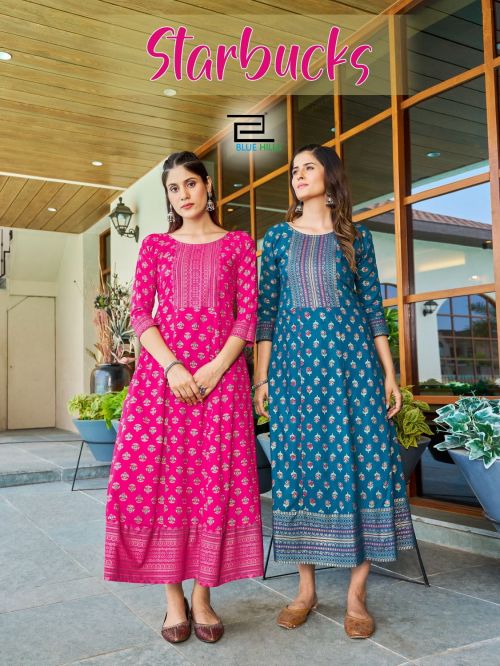 Blue Hills Starbucks Rayon Fancy Long Anarkali Kurti Collection