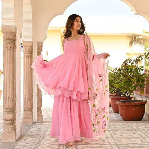 Maanya Rm 29 Faux Georgette Pink Kurti With Palazzo Dupatta Set