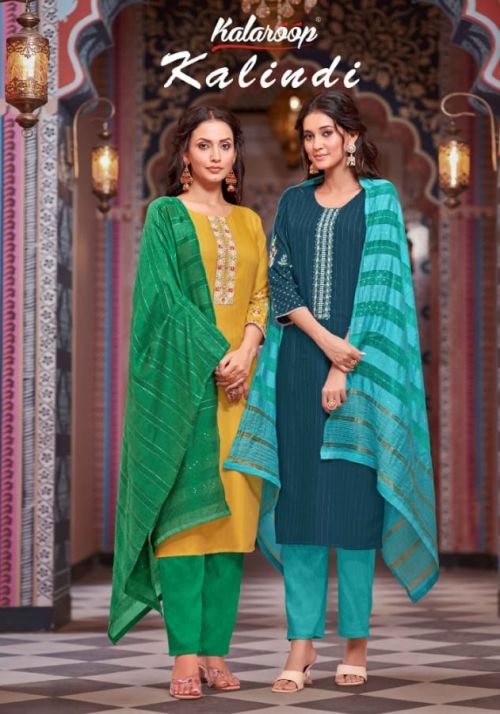 Kalaroop Kalindi Rayon Embroidery Kurti Pant With Dupatta Collection