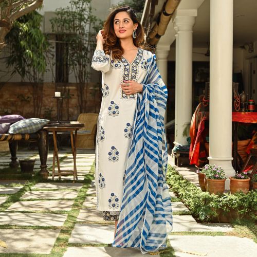 Dhruvi 59 White Printed Cotton Kurti Pant With Dupatta