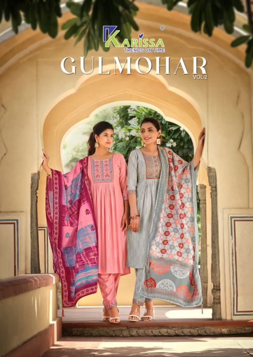 Karissa Gulmohar Vol 2 Rayon Anarkali Kurti Pant With Dupatta Set