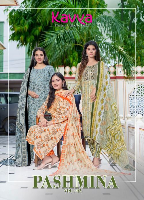 Kavya Pashmina Vol 2 Cotton Embrodiery Kurti Pant With Dupatta Set