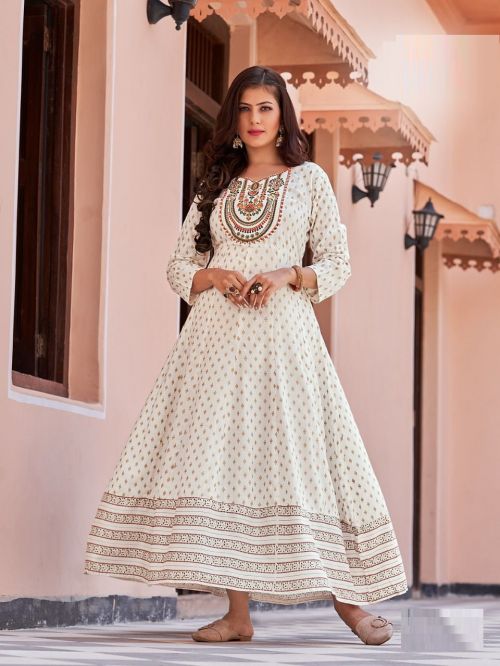 Blue Hills Encounter Rayon Foil Print Long Anarkali Kurti Collection