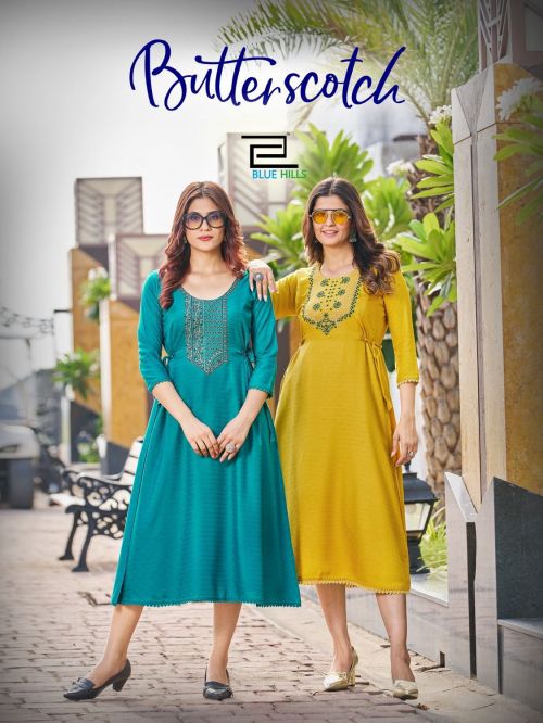 Blue Hills Butter Scotch Midi Casual Wear Embroidery Designer Kurti
