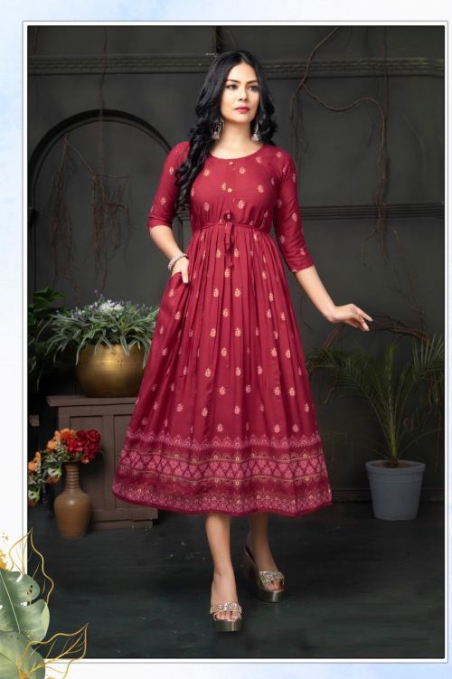 Golden Malini Foil Printed Anarkali Long Kurti Collection