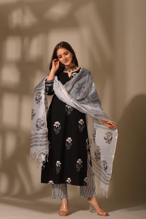 Dhruvi 65 Black Daily Wear Cotton Kurti Pant With Dupatta