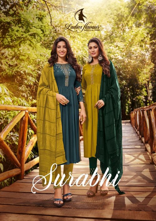 Ladies Flavour Surabhi Anarkali Long Kurti With Bottom Dupatta Collection