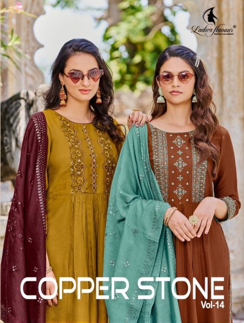 Ladies Flavour Copper Stone Vol 14 Ready Made Kurti Bottom Dupatta Collection