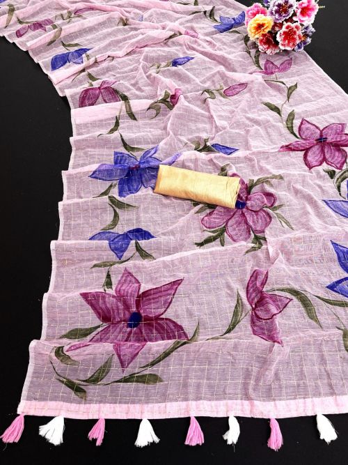 Hand Paint Zari Checks 1 Casual Hand Printed Pure Cotton Saree