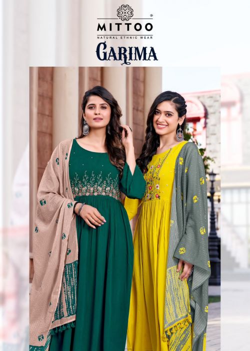 Mittoo Garima Embroidery Rayon Festive Wear Kurti Pant With Dupatta