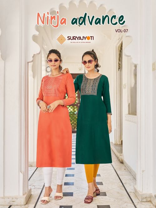 Suryajyoti Nirja Advance 7 Rayon Cotton Embroidery Work Kurti Collection