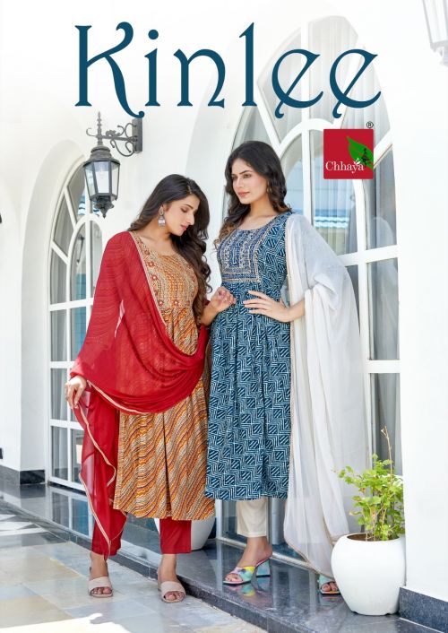 Chhaya Kinlee Rayon Designer Nayra Cut Kurti Bottom With Dupatta