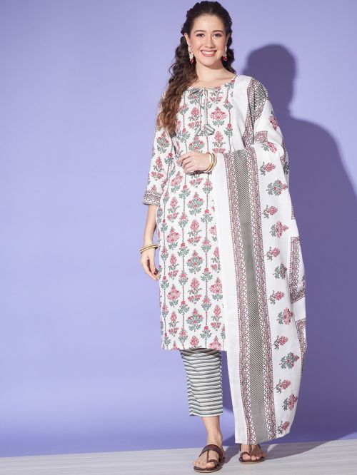 Printed Jaipuri Cotton Kurta Pant And Dupatta Collection