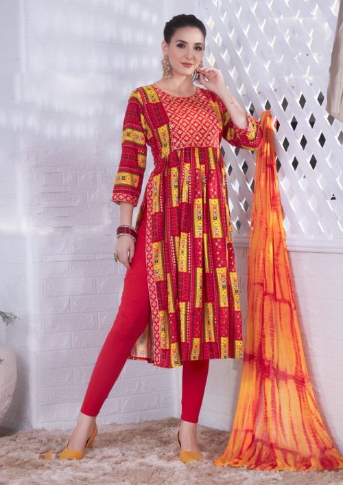 Manjeera Paglee Anarkali Rayon Kurti Bottom With Dupatta Set