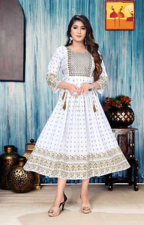 Golden White Floral Anarakli Long Kurti Collection