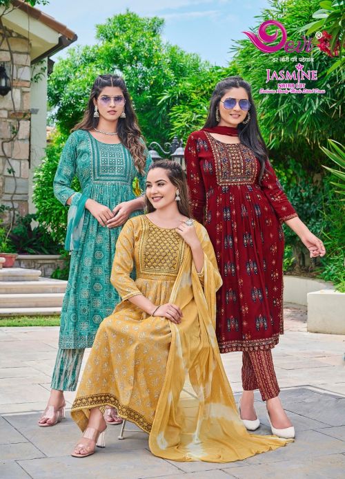 Devi Jasmine Rayon Printed Anarkali Kurti Pant With Dupatta Collection