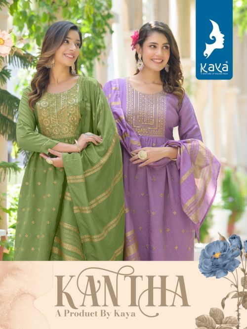 Kaya Kantha Heavy Viscose Silk Kurti Pant With Dupatta Set