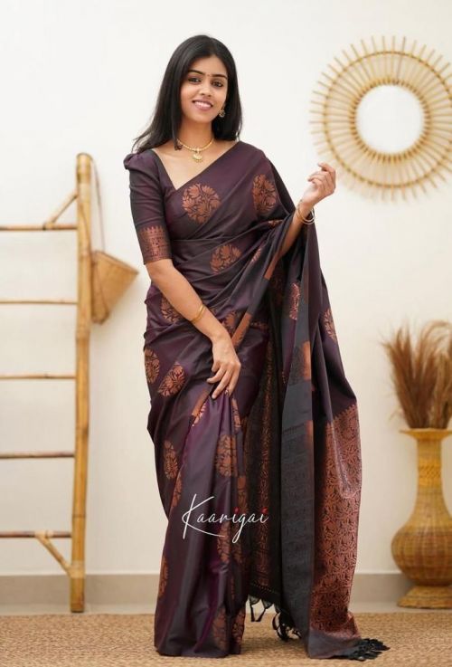 Aab Round Copper Jacquard Banarasi Lichi Silk Saree Collection