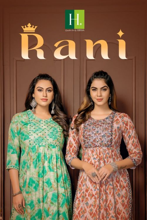 Hirwa Rani Rayon Foil Printed Naira Cut Kurti Collection