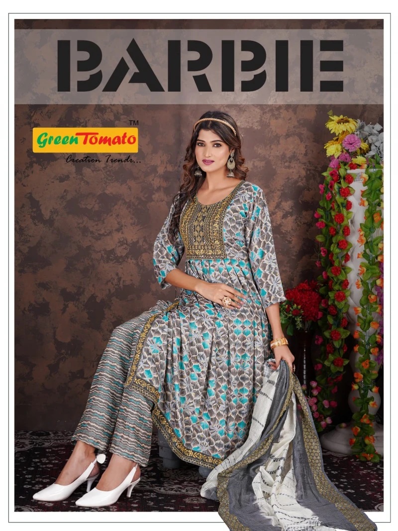 Green Tomato Barbie Embroidery Ready Made Naira Cut Kurti Set
