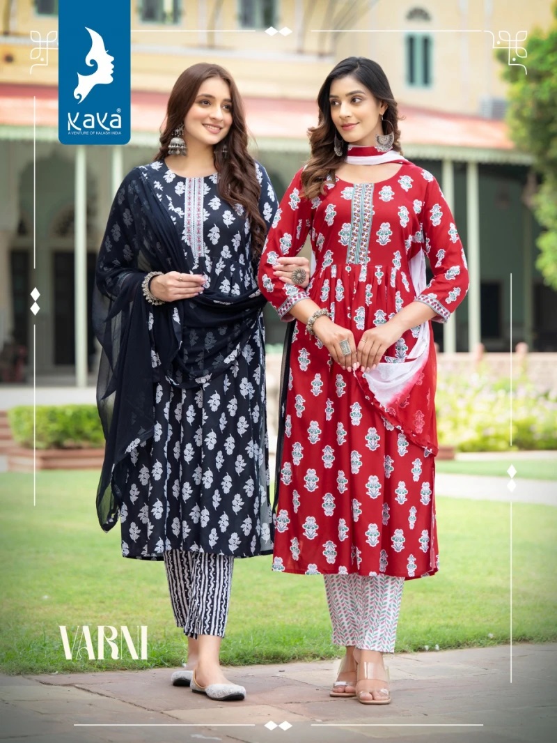 Kaya Varni Fancy Rayon Long Kurti Pant With Dupatta Collection