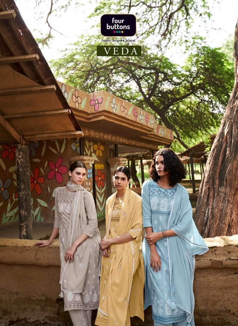 Four Bottons Veda Printed Pure Cotton Kurti Pant With Dupatta Collection