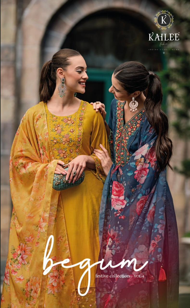 Kailee Begum Vol 4 Fancy V Neck Designer Kurti Pant With Dupatta Collection