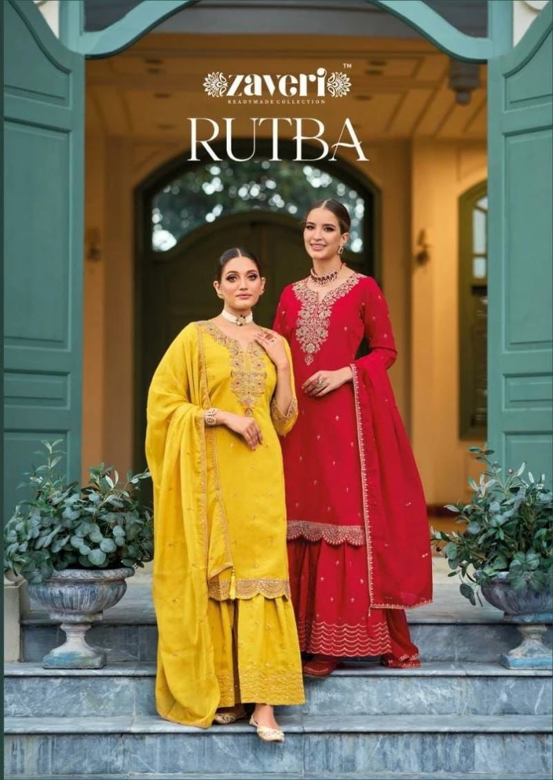 Zaveri Rutba Roman Silk Designer Embroidery Kurti Palazzo With Dupatta Set