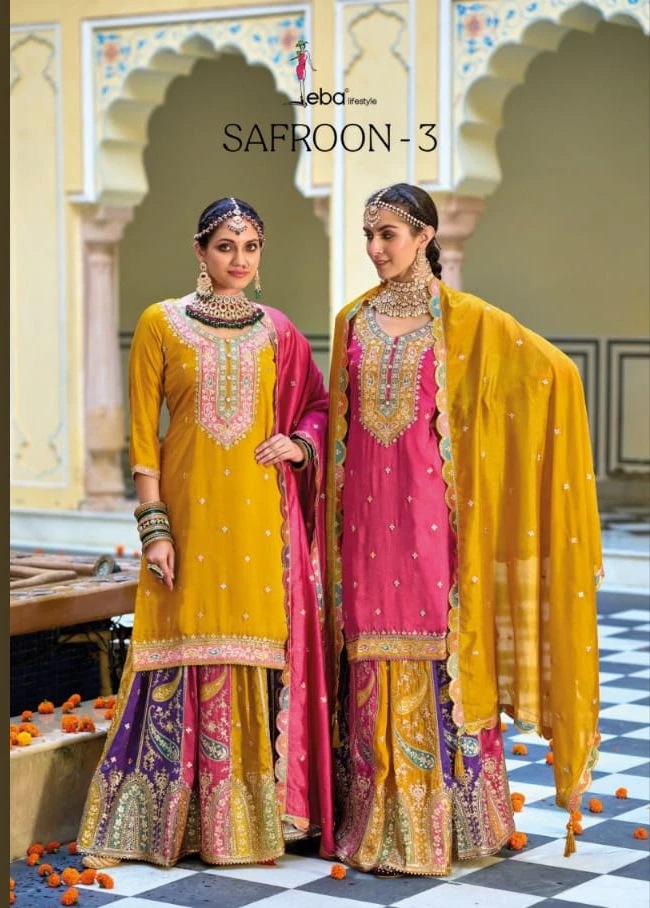 Eba Safrron Vol 3 Embroidery Work Designer Kurti Palazzo With Dupatta Collection
