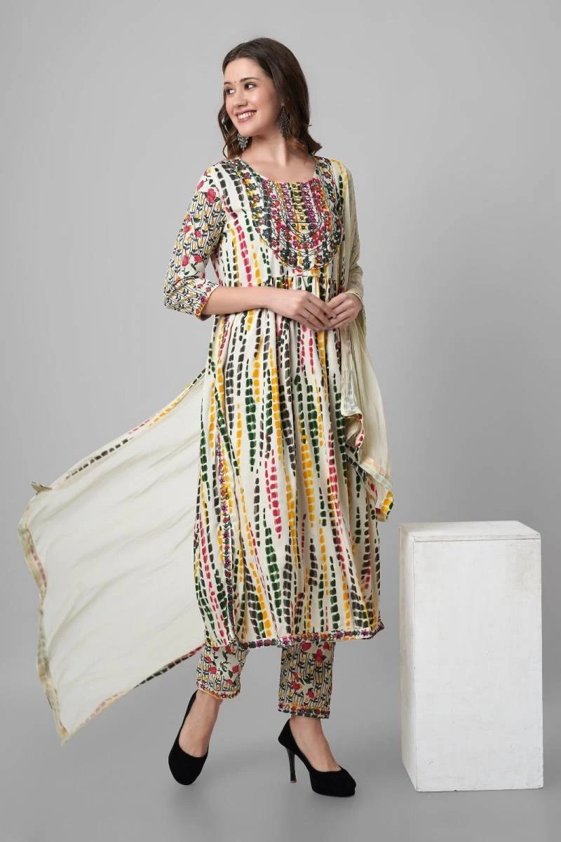 White Designer Embroidery Work Kurti Pant With Dupatta Collection