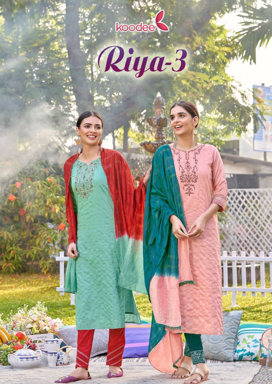 Koodee Riya 3 Stylish Embroidery Work Kurti Pant With Dupatta Collection