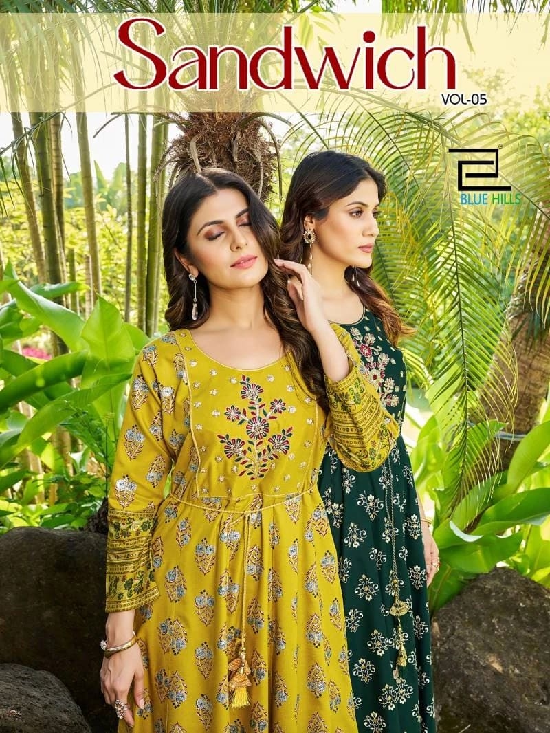 Blue Hills Sandwich Vol 5 Foil Print Long Kurti Trendy Collection