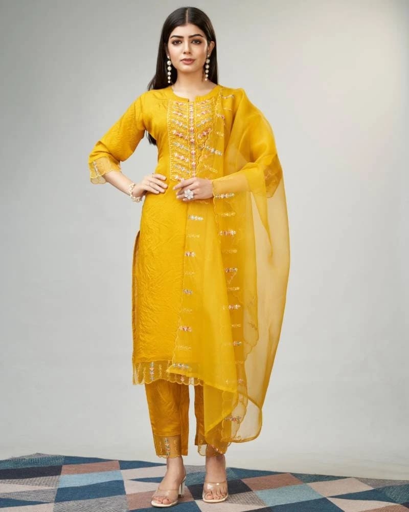 Julie Yellow Viscose Embroidery Yellow Kurti Pant Dupatta Set Collection