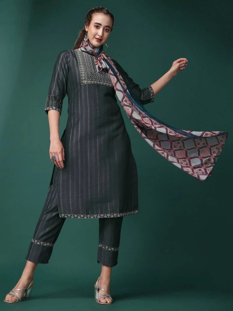 338 Grey Designer Readymade Kurti With Bottom And Dupatta