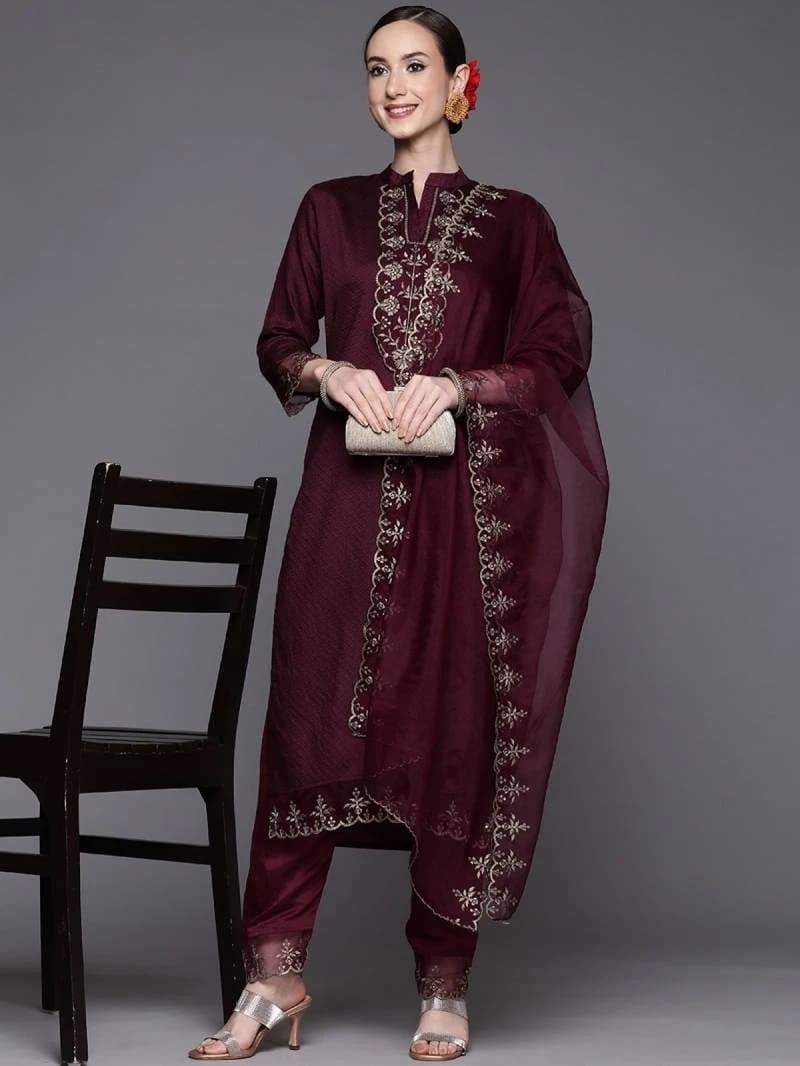 356 Wine Viscose Rayon Readymade Kurti Pant With Dupatta Collection
