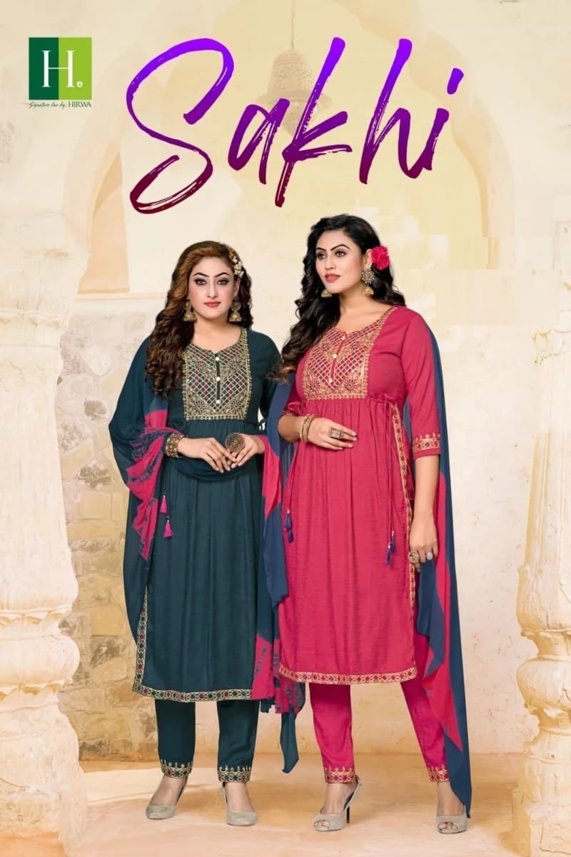 Hirwa Sakhi Heavy Rayon Anarkali Long Kurti Pant With Dupatta Collection