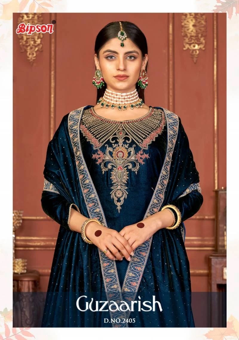 Bipson Gzaarish 2405 Velvet Heavy Neck Work Embroidery Dress Material