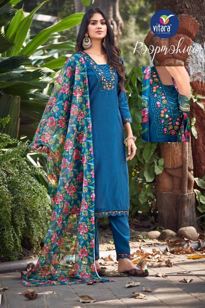 Vitara Roop Mohini Embroidery Fancy Neck Kurti With Bottom Dupatta