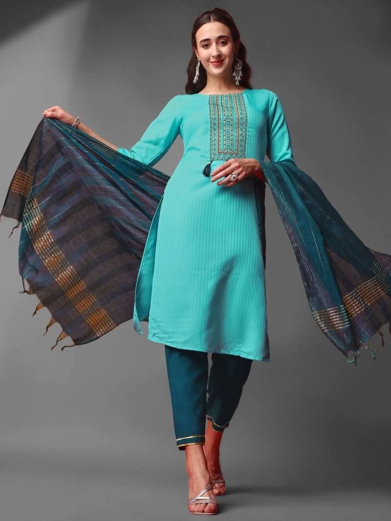 339 Sky Blue Cotton Kurti Bottom With Dupatta Collection