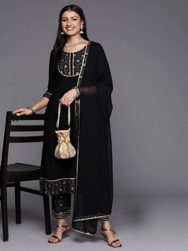 Abha Black Rayon Fancy Kurti Pant With Dupatta Collection