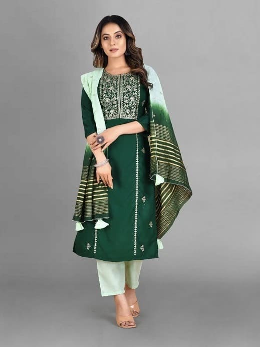 358 Green Viscose Rayon Slub Readymade Kurti Set Best Price