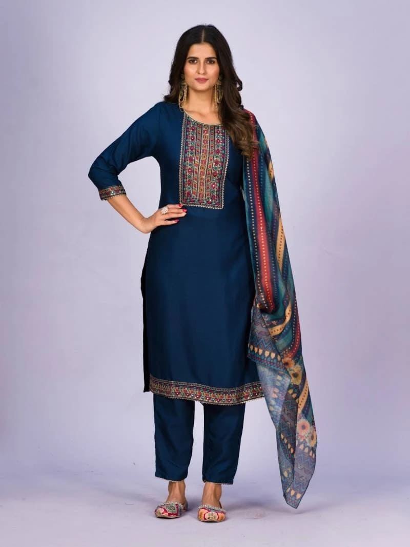 376 Rayon Navy Blue Kurti Pant With Dupatta Collection