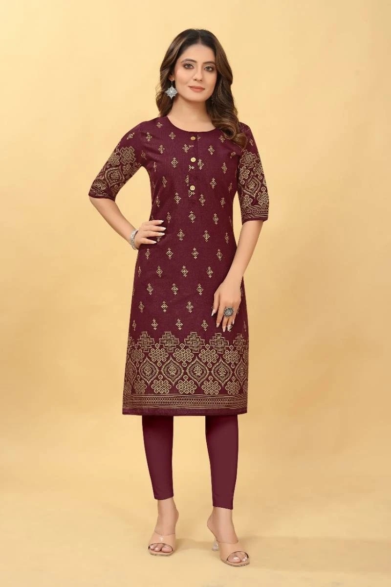 D 45 Ruby Foil Gold Printed Cotton Kurtis Low Price