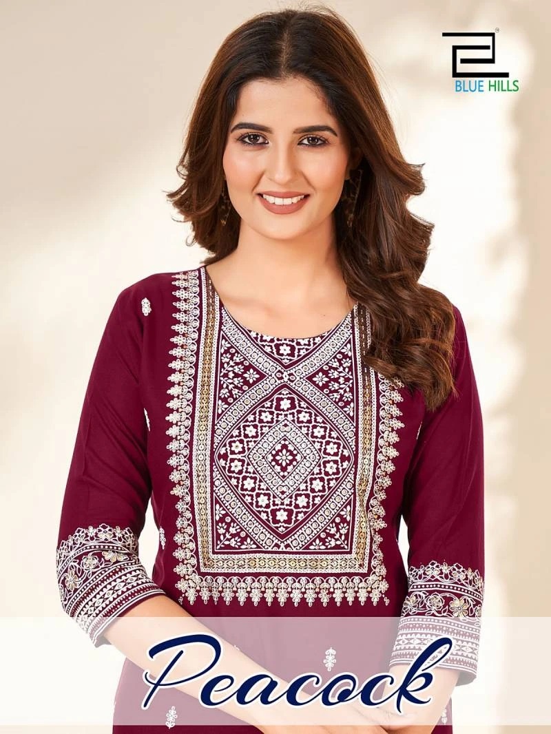 Blue Hills Peacoc Foil Printed Low Price Cotton Kurti Wholesale Collection