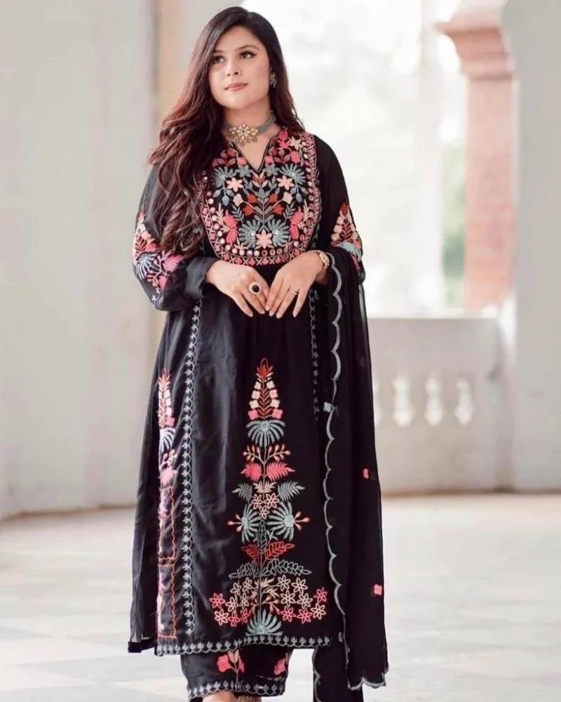 Fab 3067 Faux Georgette Mirror Embroidery Work Kurti With Bottom Dupatta
