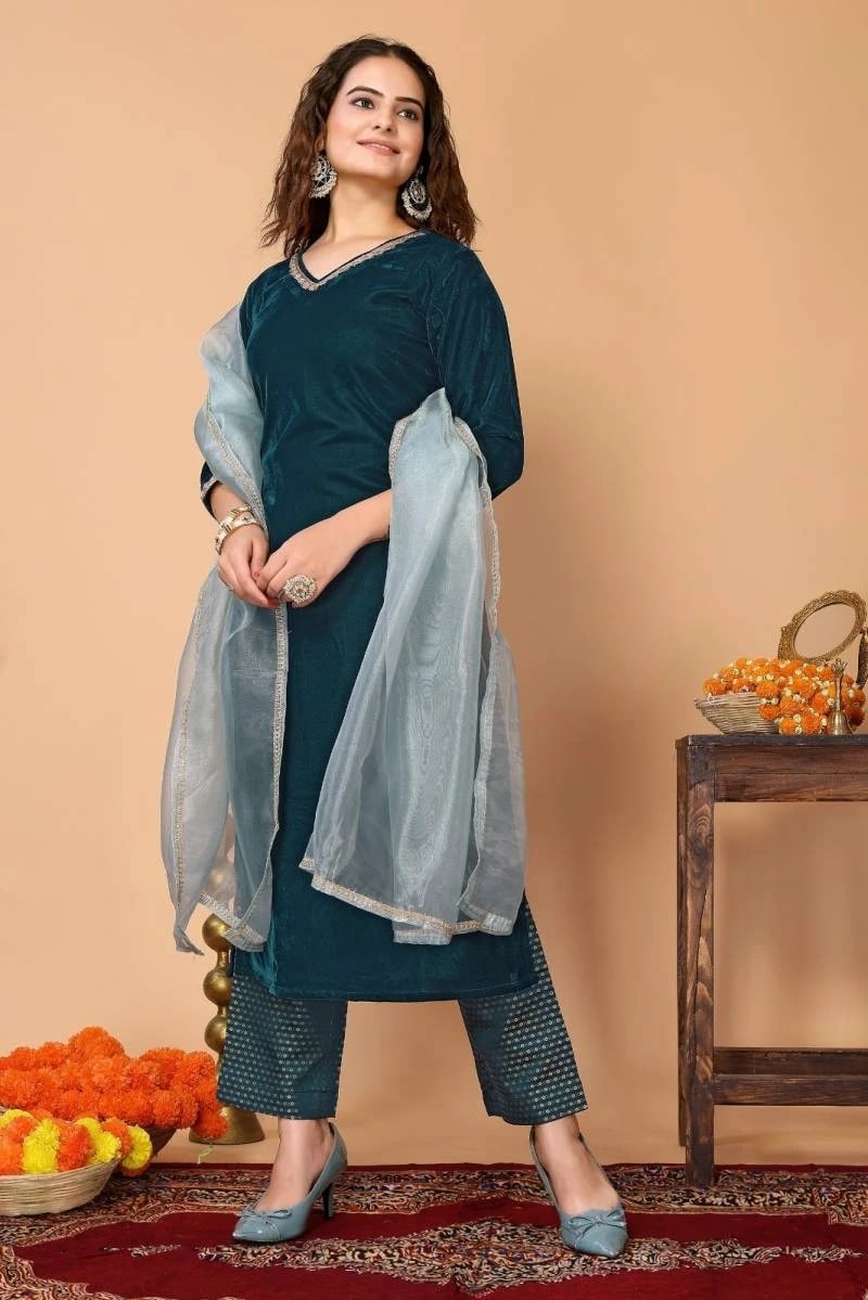 As 7516 Rama Velvet Designer Kurti Pant With Dupatta Collection