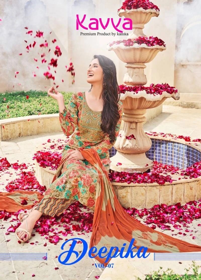 Kavya Deepika Vol 7 Embrodery Neck Straight Cut Kurti Pant With Dupatta