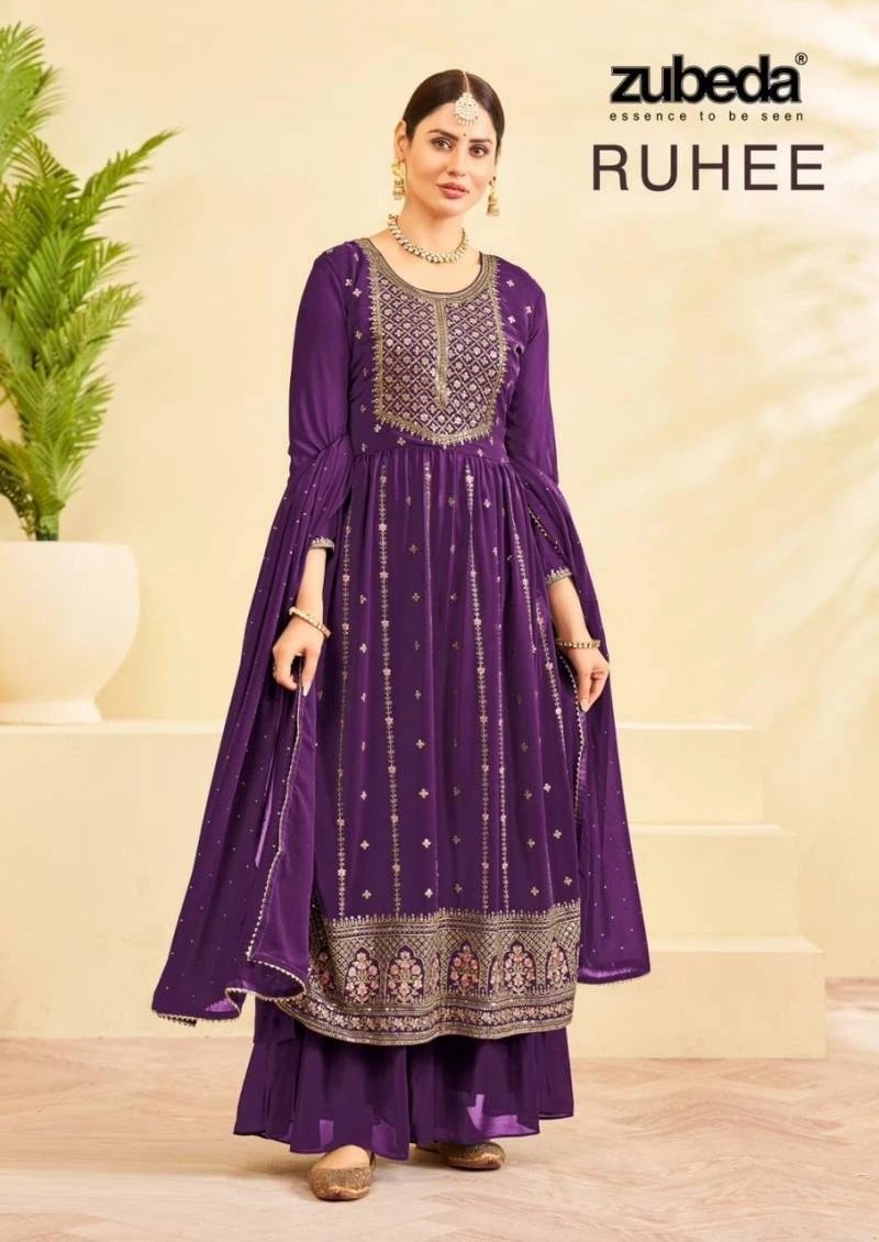 Zubeda Ruhee Georgette Designer Naira Cut Kurti With Bottom Dupatta Collection