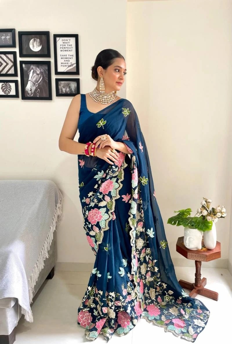 Vt 5019 Soft Georgette Embroidery Work Sarees Collection